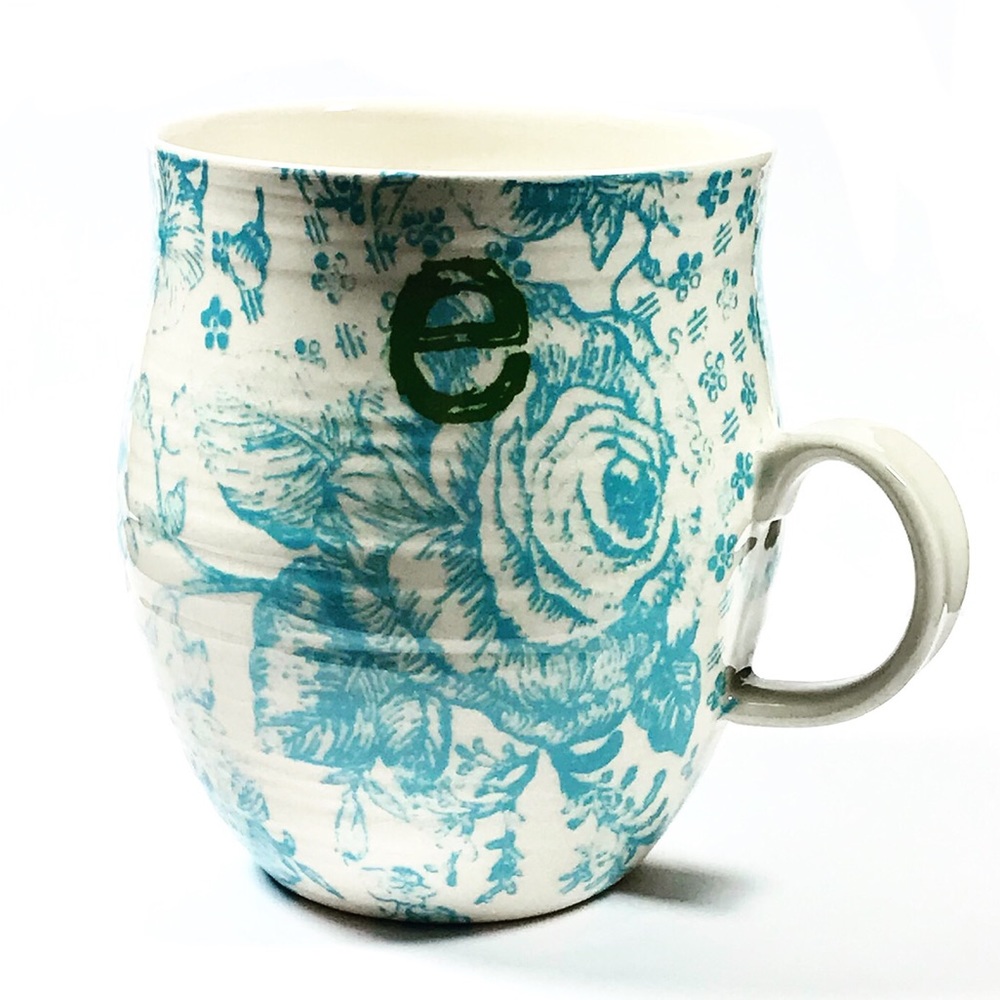 Anthropologie Bird Floral Initial E Coffee Cup